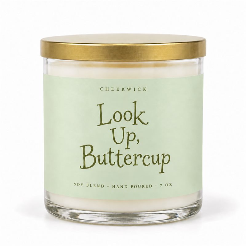 Look Up, Buttercup candle in a mint label